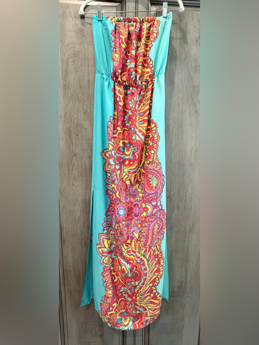 Lilly Pulitzer Turquoise Strapless Maxi Dress with Vibrant Paisley Print Med